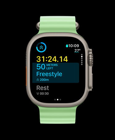 Apple Watch Ultra 3, naturaalne värv, titaanist korpus, rakendus Workout, kohandatud treeningkaart, Up Next vaade, neoonroheline rihm Ocean Band