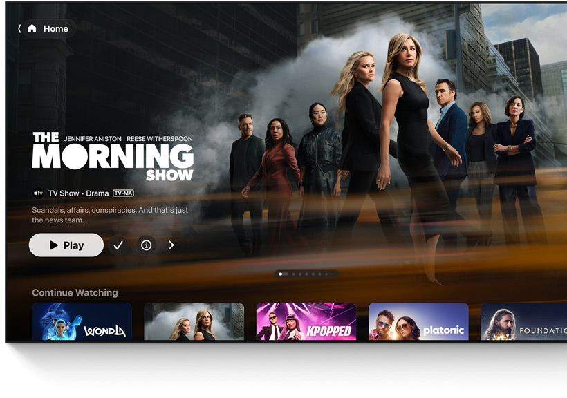 Taulutelevisio, jossa näkyy Apple TV -apin Koti-valikko