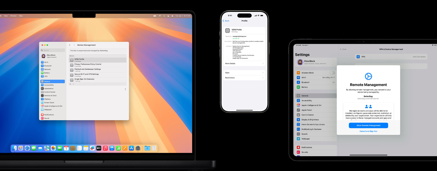 Un Mac e un iPad con la finestra Gestione remota. Un iPhone con le impostazioni del profilo MDM.