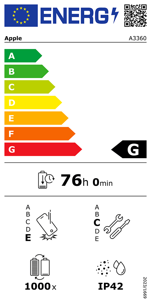 EU-Energielabel, QR Code und Informationen, Apple Modell A3360, Klasse G, Energieeffizienzklassen (auf einer Skala von A bis G), A (am effizientesten) bis G (am wenigsten effizient), Batterielaufzeit pro Zyklus, 76 Std. und 0 Min. pro voller Batterieladung, Sturzfestigkeit Klasse E für wiederholten freien Fall, A (am robustesten) bis E (am wenigsten robust), Reparierbarkeit der Klasse C, A (am besten reparierbar) bis E (am wenigsten reparierbar), Batteriehaltbarkeit 1.000 Ladezyklen, Schutzart gegen Eindringen von Staub und Wasser (IP) IP42, Verordnung 2023/1669