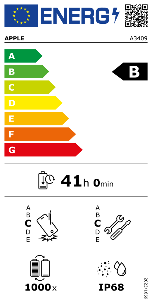 EU-Energielabel, QR Code und Informationen, Apple Modell A3409, Klasse B, Energieeffizienzklassen (auf einer Skala von A bis G), A (am effizientesten) bis G (am wenigsten effizient), Batterielaufzeit pro Zyklus, 41 Stunden und 0 Minuten pro voller Batterieladung, Sturzfestigkeit Klasse C für wiederholten freien Sturz, A (am robustesten) bis E (am wenigsten robust), Reparierbarkeit der Klasse C, A (am besten reparierbar) bis E (am wenigsten reparierbar), Batteriehaltbarkeit 1.000 Ladezyklen, Schutzart gegen Eindringen von Staub und Wasser (IP) IP68, Verordnung 2023/1669.