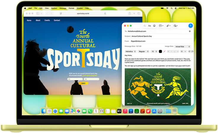 MacBook Neo, σε χρώμα κίτρο, ο χρήστης συντάσσει ένα email πρόσκλησης σε έκθεση τέχνης, ενώ ο ιστότοπος για την εκδήλωση είναι ανοιχτός δίπλα