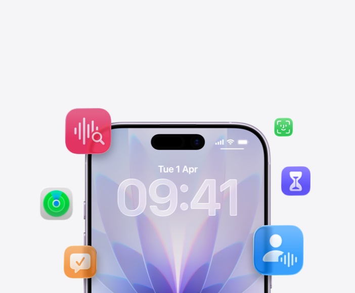 An iPhone with various built-in Apple features around it