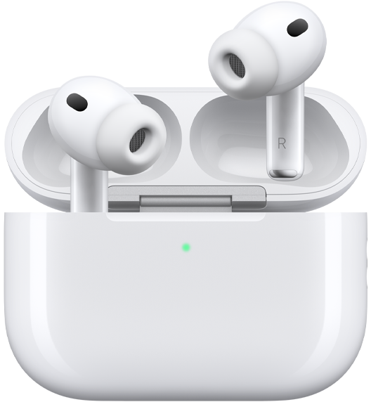 AirPods Pro 3 und MagSafe Ladecase (USB-C), gerundetes Case von außen, LED Ladeanzeige, geöffnetes Case, Farbe Weiß, kabellose Kopfhörer mit Ohreinsätzen aus Silikon, Enden an der Innenseite mit den Buchtaben L und R