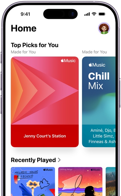 Bildschirm der Apple Music Startseite auf dem iPhone, „Top-Empfehlungen für dich“ Karussell mit von Jenny Court personalisierten Sendern und Playlists