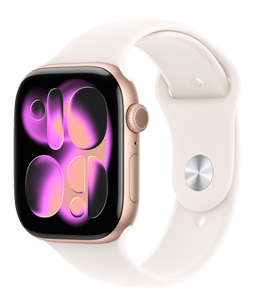 Apple Watch Series 11 med urkasse i aluminium i farven rosaguld, kunstbaggrund i bevægelse på urskiven, Digital Crown, mikrofon og sideknap i højre side, Sportsrem i farven sart fersken