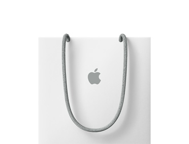 Hvid Apple-pose med grå rebhåndtag og gråt Apple-logo i midten