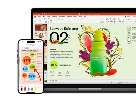Różne elementy kolorowej prezentacji o produkcie do pielęgnacji skóry wyświetlane na Macu i iPhonie.