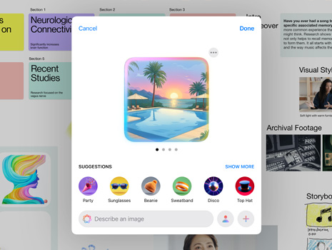 L’interfaccia utente di Image Playground con l’illustrazione di una piscina circondata di palme alla luce del tramonto e alcuni suggerimenti per aggiungere altri elementi all’immagine.