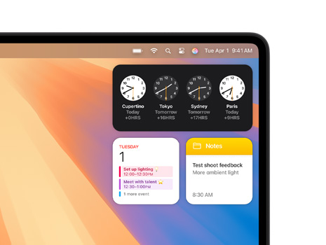 Vari widget su un desktop Mac tra cui Orologio, Calendario, Note e Meteo.
