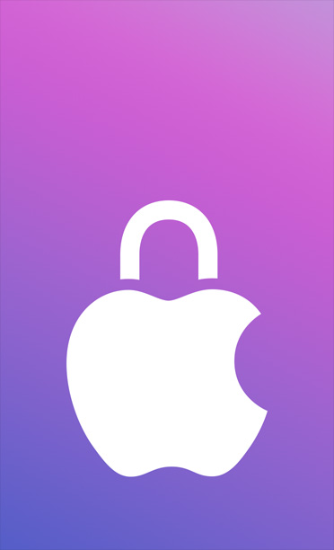 Apple with a padlock icon overlaid, purple gradient background
