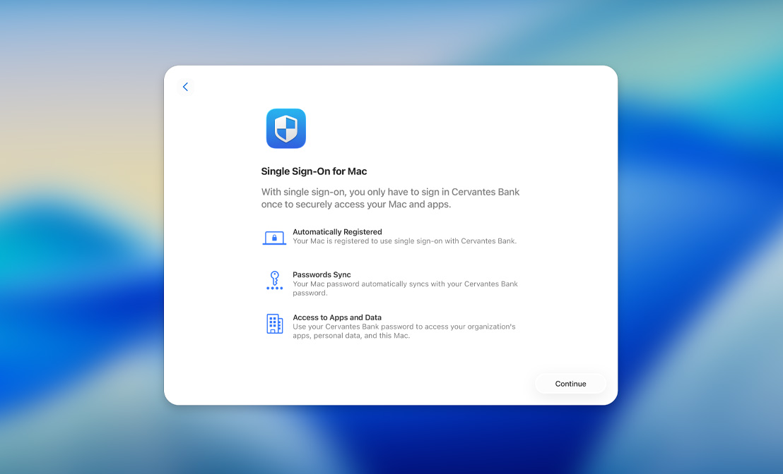 Single Sign-On setup dialog with options for automatic registration, password sync, and access to apps and data