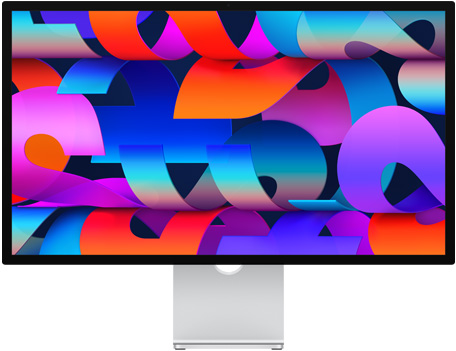 Front of Studio Display with colourful ribbon-like wallpaper