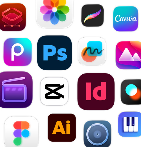 Eine Reihe von Symbolen für Kreativitäts-Apps, einschließlich Adobe Illustrator, Canva, CapCut und Figma