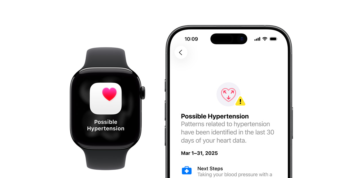  En Apple Watch och en iPhone som visar notiser om eventuell hypertoni.