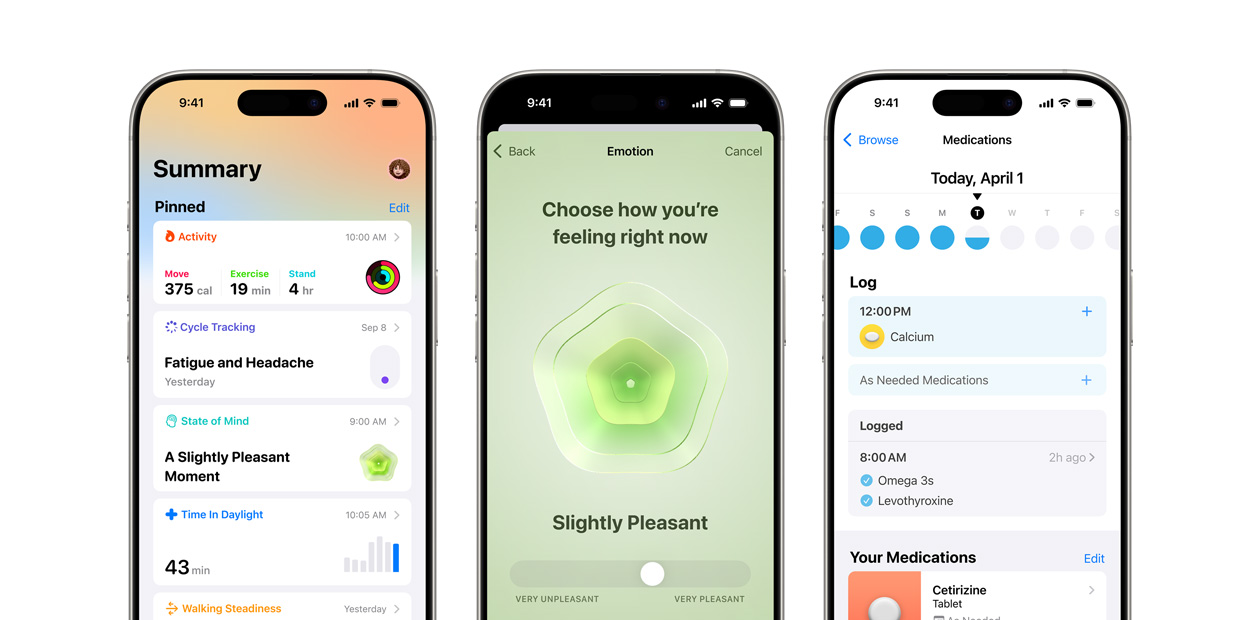 Apple-appen Hälsa visas på tre iPhone-enheter.