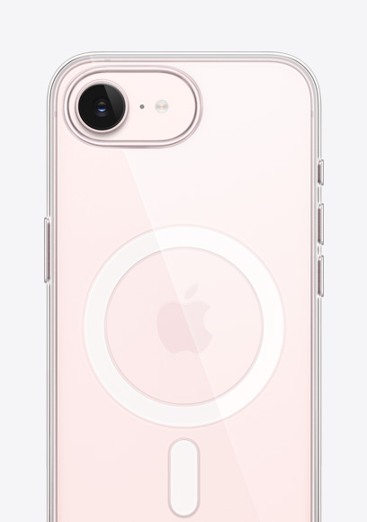 ソフトピンクのiPhone 17eの背面の外観、MagSafe対応クリアケースが装着されている。上部にFusionカメラ、中央にAppleのロゴ