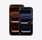 „iPhone 17 Pro Max“, priekinė pusė, kosminės oranžinės spalvos, „iPhone 17 Pro“, priekinė  pusė, tamsiai mėlynos spalvos